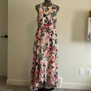 Banana Republic sleeveless long floral dress with hi-low ruffled hem